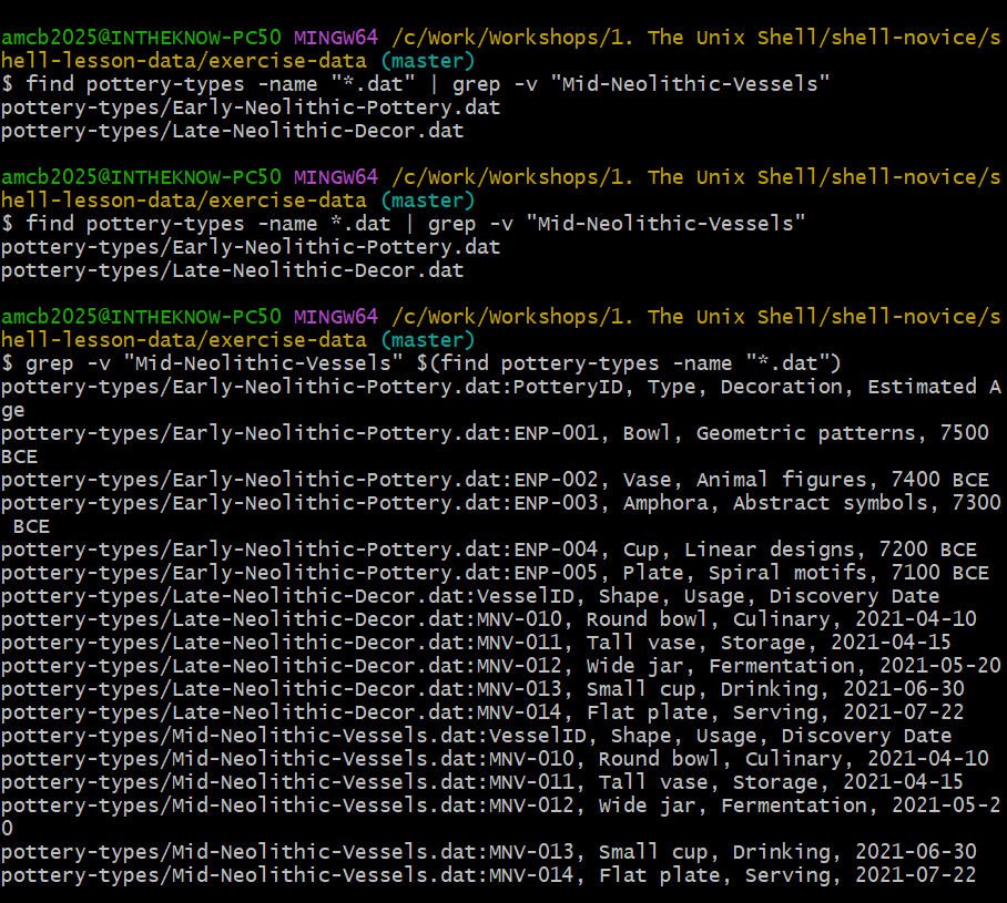 Terminal session running the three options from the filtering challenge. The first two commands each list Early-Neolithic-Pottery.dat and Late-Neolithic-Decor.dat. The third prints every line of the matched files prefixed by filename, showing that Late-Neolithic-Decor.dat and Mid-Neolithic-Vessels.dat contain identical VesselID records.