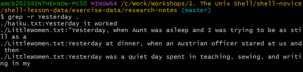 Terminal session running grep -r Yesterday dot in research-notes. The output shows the haiku line Yesterday it worked and three sentences from LittleWomen.txt containing the word Yesterday, each prefixed with the filename.