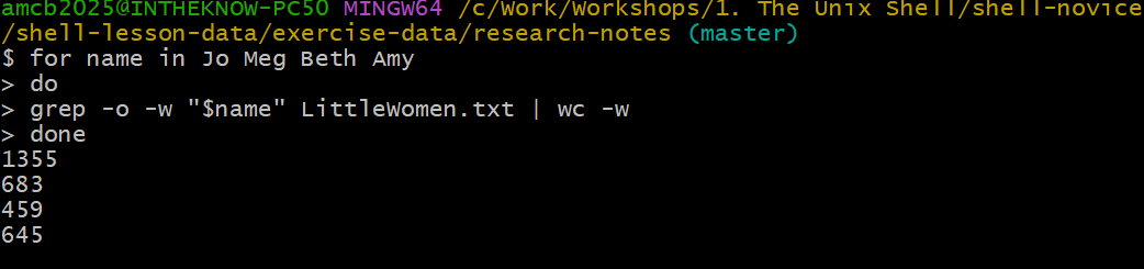 Terminal session with a for loop over the names Jo, Meg, Beth, and Amy piping whole-word grep matches from LittleWomen.txt into a word count. The four output numbers are 1355, 683, 459, and 645, showing Jo is mentioned most often.