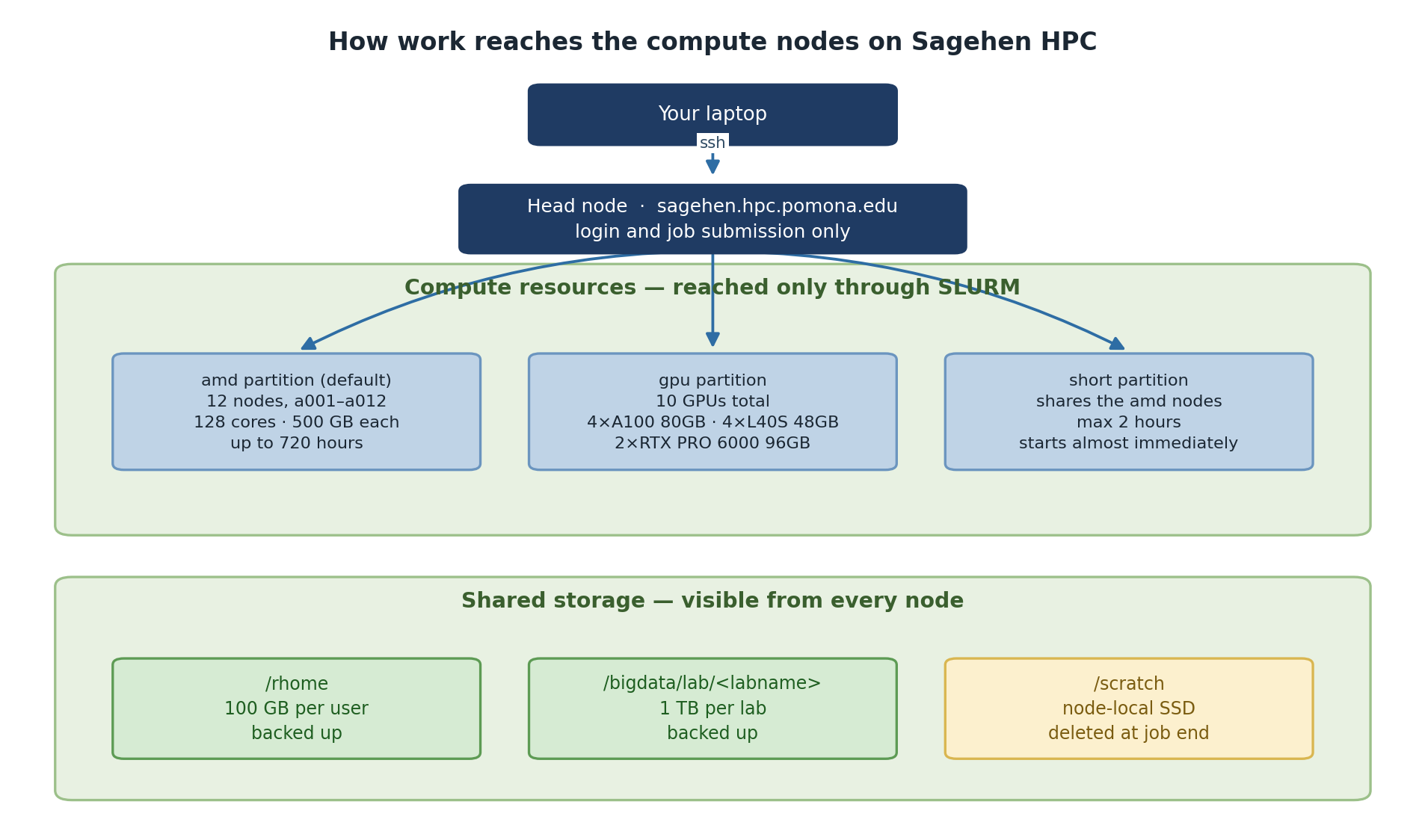 Diagram of Sagehen HPC. Your laptop connects by SSH to the head node at sagehen.hpc.pomona.edu, which is for login and job submission only. From there SLURM dispatches work to three partitions: amd, the default, with 12 nodes a001 to a012 of 128 cores and 500 GB each and up to 720 hours; gpu, with 10 GPUs in total made up of four A100 80GB, four L40S 48GB and two RTX PRO 6000 96GB; and short, which shares the amd nodes, is capped at 2 hours and starts almost immediately. Below, shared storage visible from every node: /rhome with 100 GB per user backed up, /bigdata/lab per lab with 1 TB backed up, and /scratch node-local SSD deleted at job end.