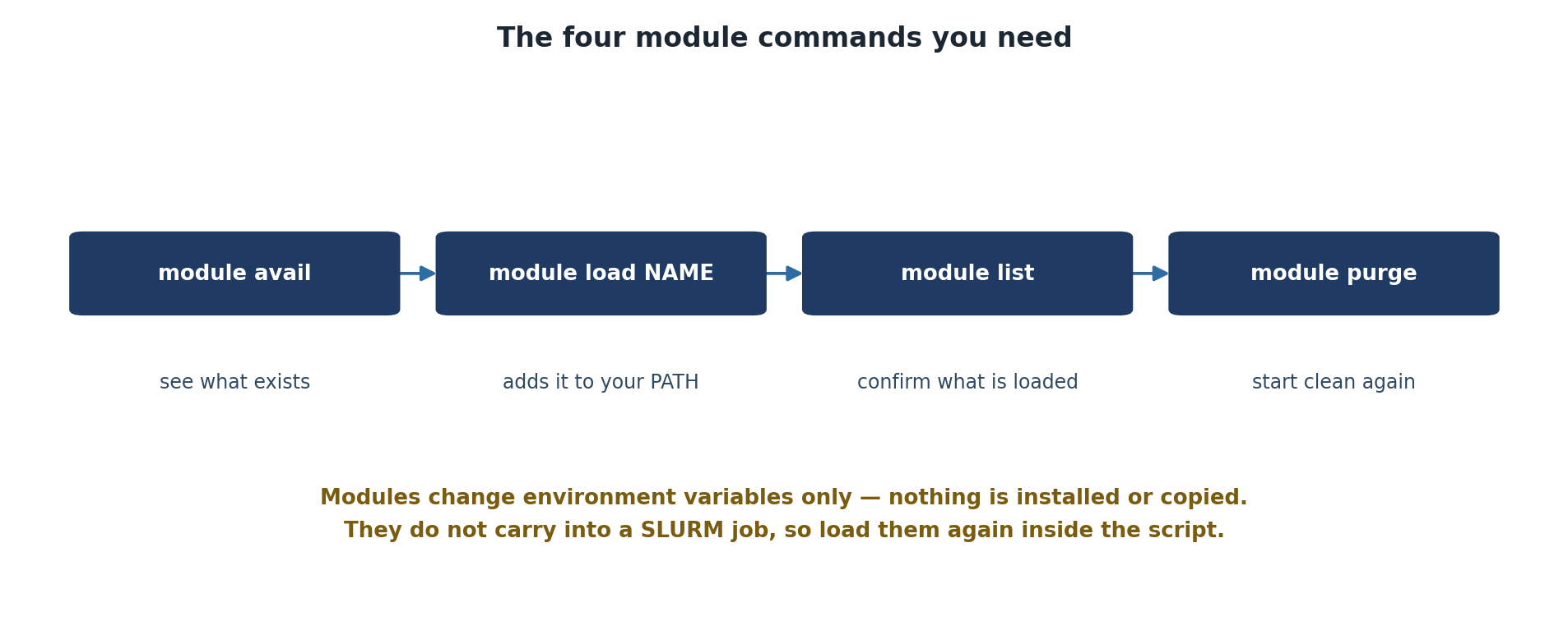 Four module commands in sequence: module avail to see what exists, module load NAME to add it to your PATH, module list to confirm what is loaded, and module purge to start clean again. A note explains that modules change environment variables only, nothing is installed or copied, and that they do not carry into a SLURM job so must be loaded again inside the script.