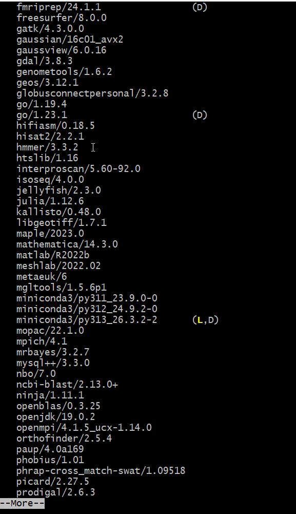A page of module avail output highlighting three miniconda3 modules: py311, py312, and py313 versions, with the py313 version marked L and D, meaning loaded and default. Surrounding modules include matlab, mathematica, and openmpi.