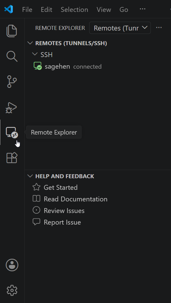 The VS Code Remote Explorer panel open from the activity bar. Under Remotes and an SSH group, a host named sagehen appears with a green connected badge.