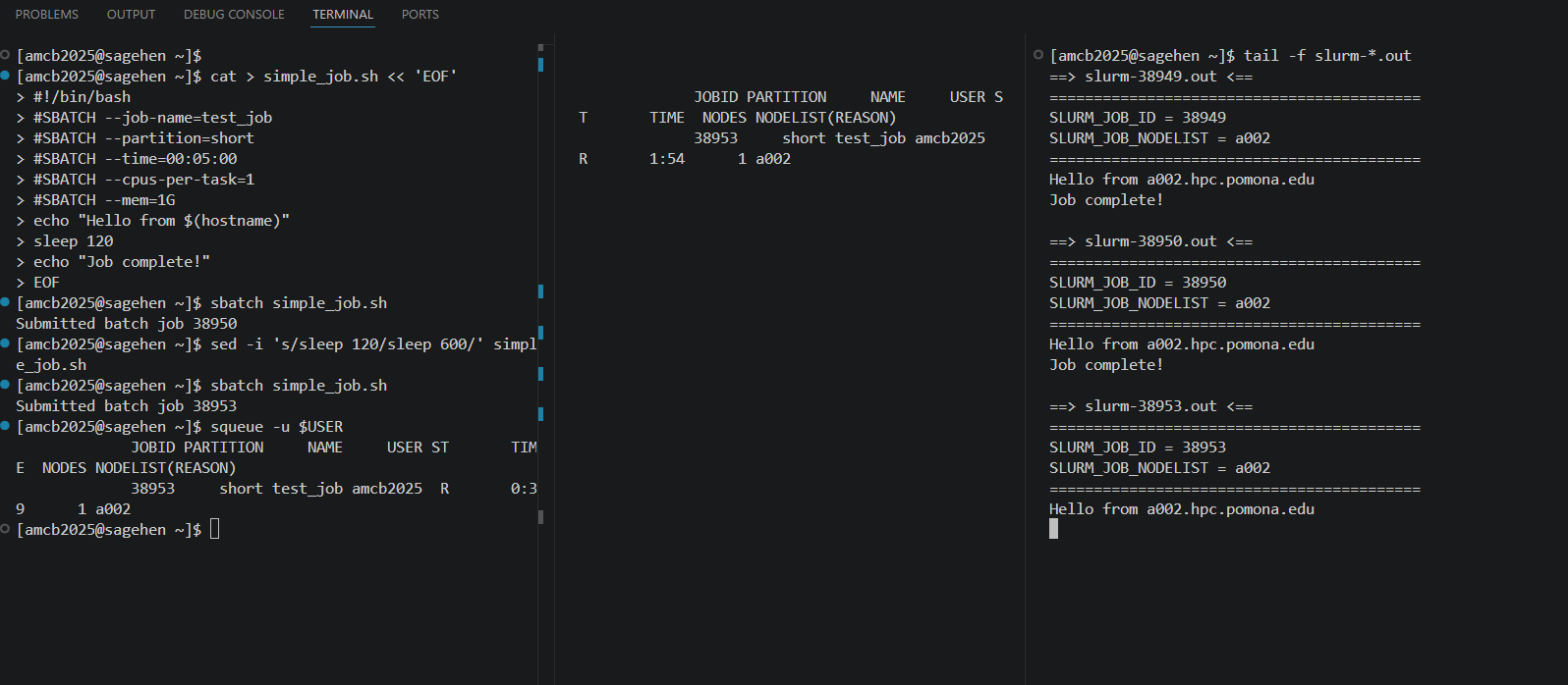 The whole workflow in three split terminals: sbatch on the left, squeue in the middle, tail -f on the log at right.