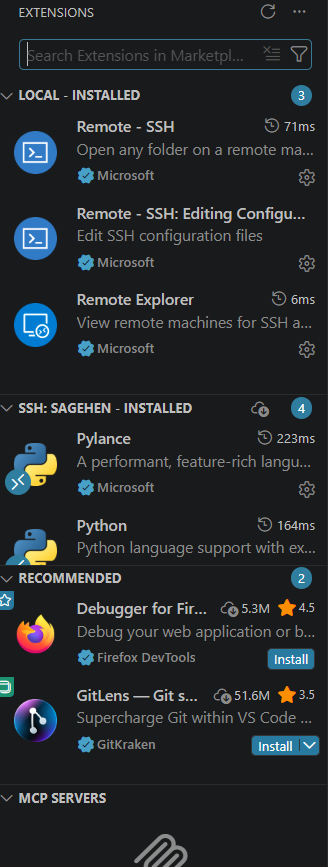 The VS Code Extensions sidebar while connected to Sagehen. A Local Installed section lists the Remote SSH extensions; a separate SSH SAGEHEN Installed section shows Pylance and Python installed on the cluster, with recommended extensions below.